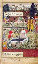 Babur császár (kb. 1494-1530) egy kert létesítését vizsgálja Kabulban, 1600 körül